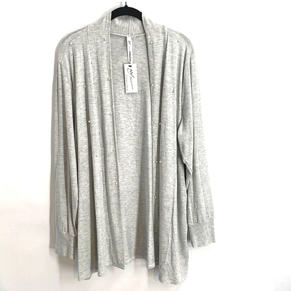 🏷️ NY Collection Heathered Gray Pearl Cardigan Sweater Size XL